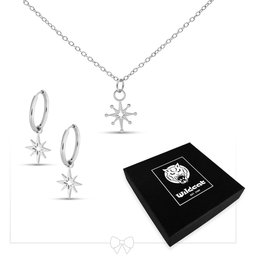 Collar de plata con colgante de estrella polar y aros a juego sobre fondo blanco