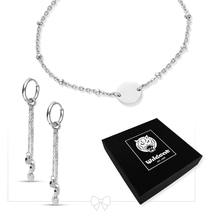 Pulsera plateada con placa y pendientes colgantes, caja Wildcat