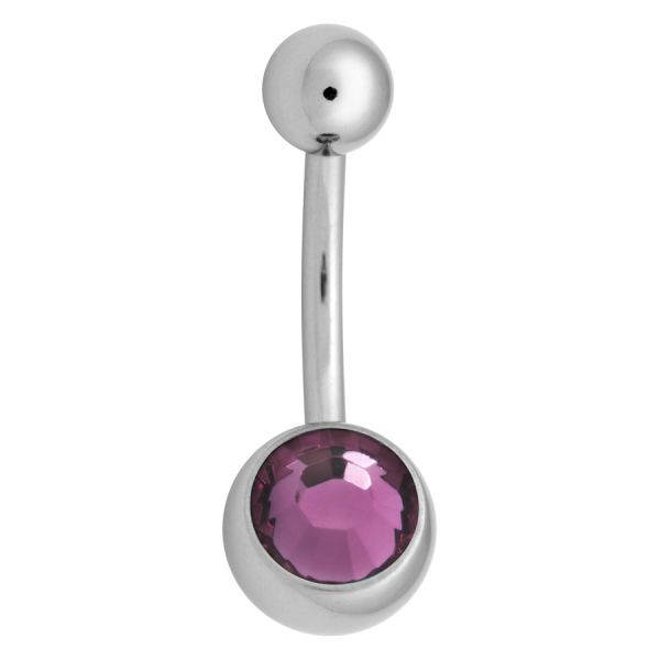 Piercing de ombligo plateado con cristal de amatista morado sobre fondo blanco