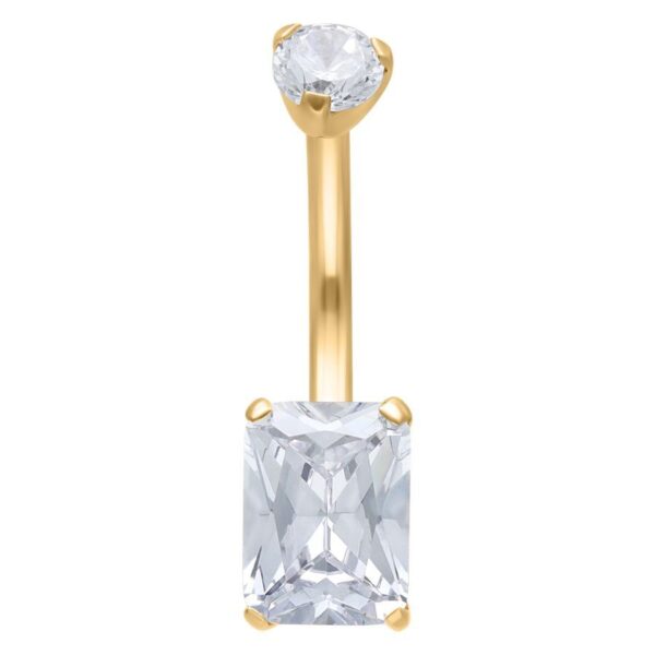 Piercing de ombligo dorado con cristal rectangular y redondo sobre fondo blanco