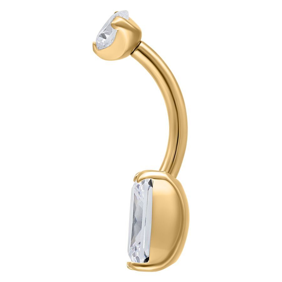 Banana Bell de Cristal Cuadrado Dorado con Cristal Banana Bell dorado con cristal cuadrado y barra curvada sobre fondo blanco
