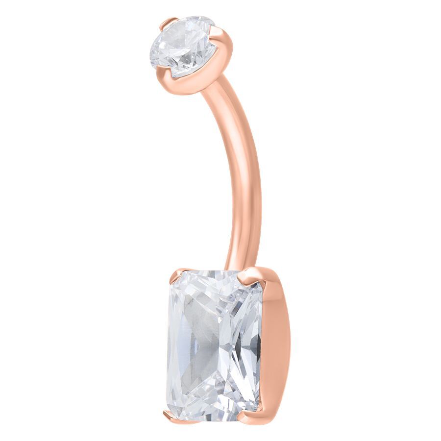 Bauchnabel Bananabell aus Roségold mit klaren Kristallen auf weißem Hintergrund