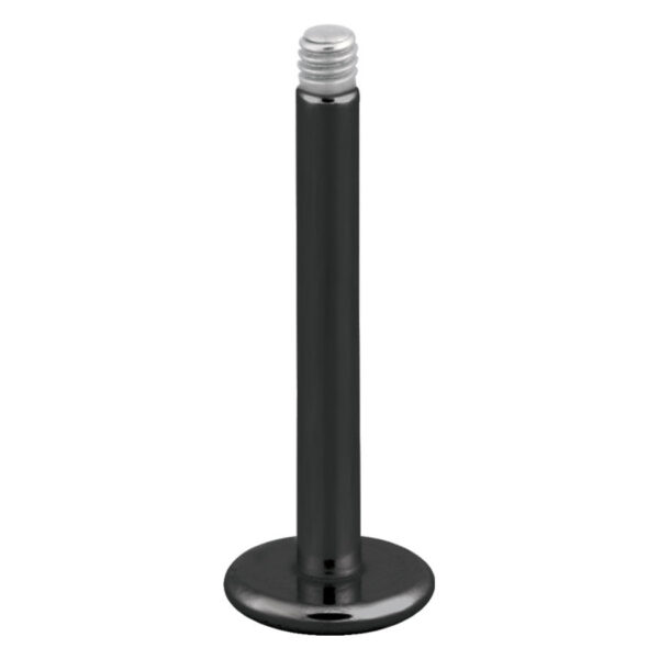 Barra labret de titanio negro con rosca externa sobre fondo blanco