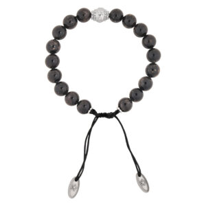 Pulsera negra con cuentas de cristal marrón y cierre ajustable sobre fondo blanco