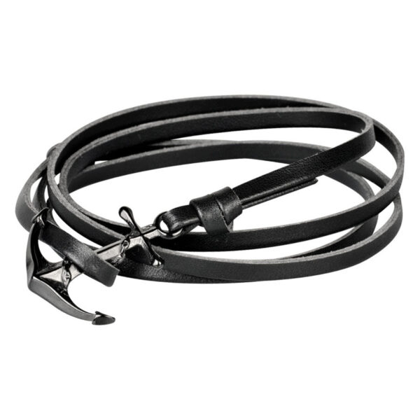 Pulsera de cuero negro con ancla de acero quirúrgico sobre fondo blanco