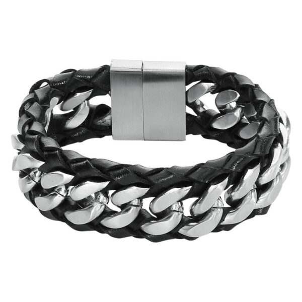 Pulsera de cuero negro con cadenas de acero inoxidable plateadas y cierre magnético sobre fondo blanco