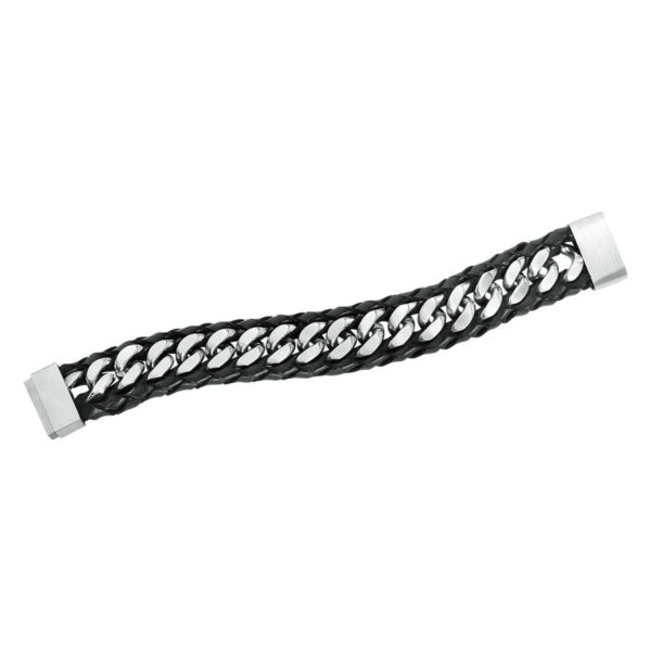 Pulsera de cuero negro con elementos de cadena de acero inoxidable plateado sobre fondo blanco