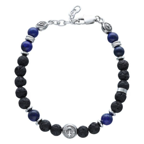 Pulsera negra y azul con ancla y cuentas de lava sobre fondo blanco