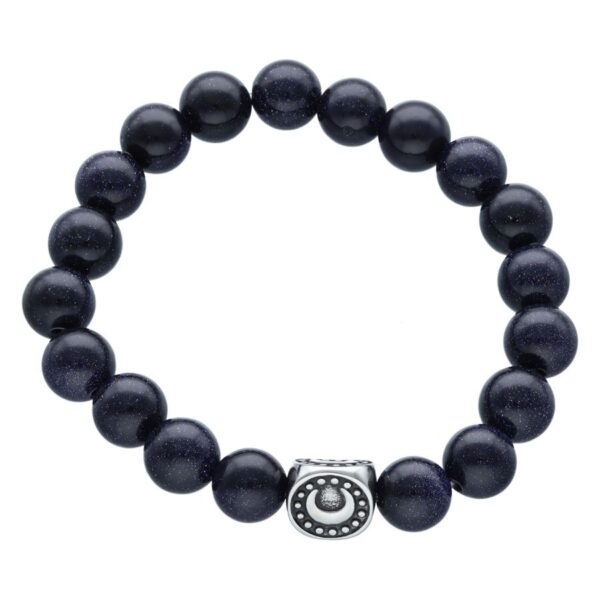 Pulsera unisex Moonshine con perlas azul oscuro y detalle plateado sobre fondo blanco
