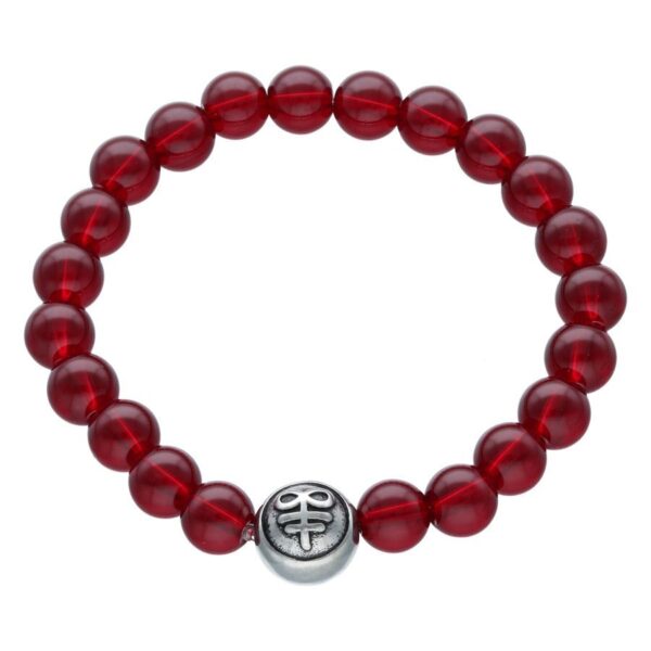 Pulsera Bloody Leviathan Knot roja de cuero sintético sobre fondo blanco