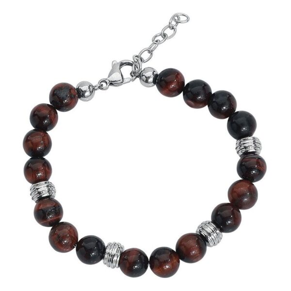 Pulsera marrón caoba con acero quirúrgico, cuentas rojas y negras, detalles plateados