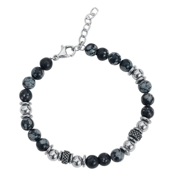Pulsera negra con piedras y perlas de acero quirúrgico sobre fondo blanco