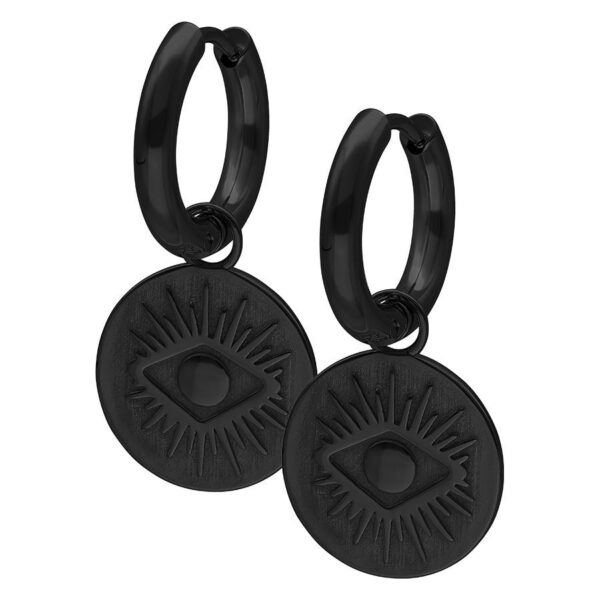 Pendientes negros con colgante redondo y motivo de ojo sobre fondo blanco