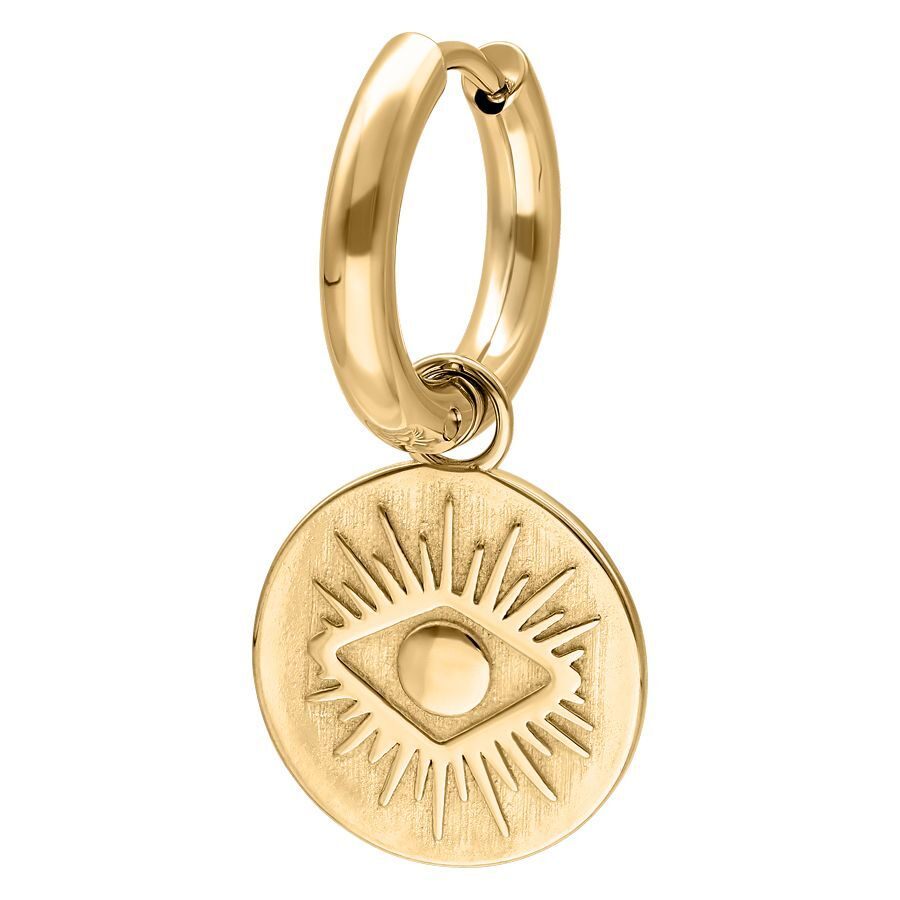 Pendientes dorados con colgante redondo y motivo de ojo sobre fondo blanco