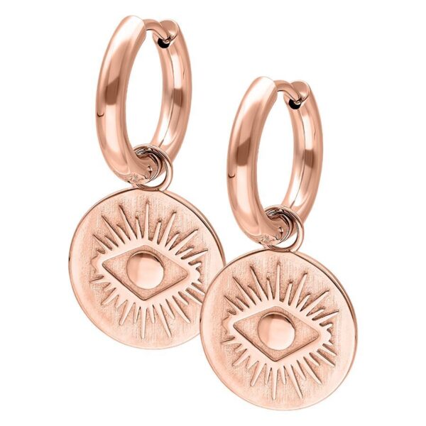 Pendientes de oro rosado con motivo de ojo sobre fondo blanco