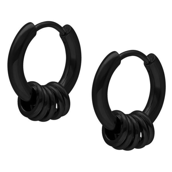 Dos aros negros con cinco anillos de acero quirúrgico pulido en un fondo blanco