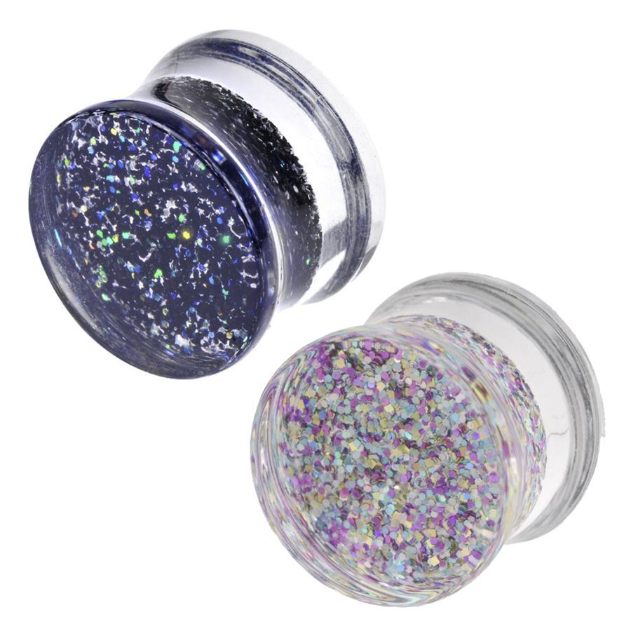 Plug de Doble Flare con Cristal Negro y Arcoíris Dos plugs de doble flare de acrílico con cristales negros y de colores arcoíris sobre fondo blanco