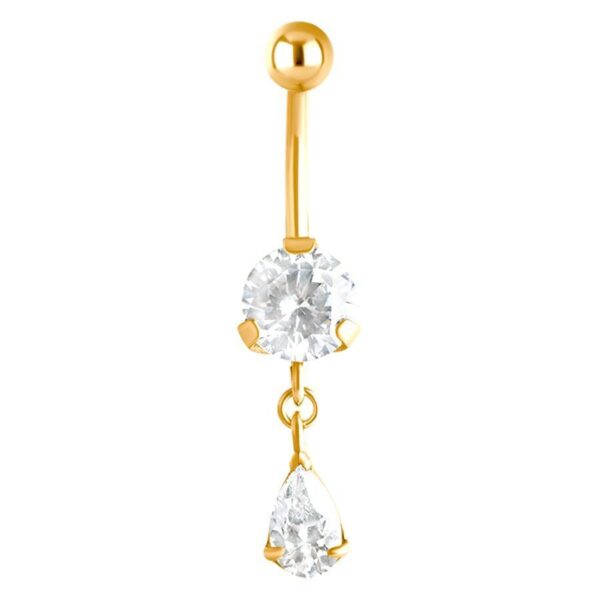 Piercing de ombligo dorado con cristales claros sobre fondo blanco