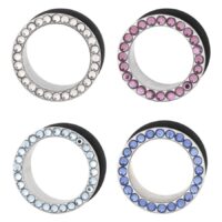 Cuatro túneles plateados con cristales de colores sobre fondo blanco