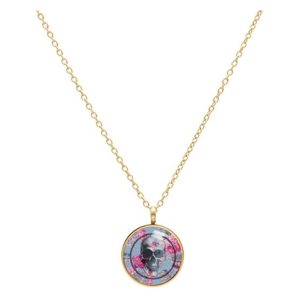 Collar dorado con colgante redondo, motivo de calavera y rosas