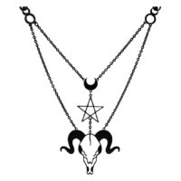 Cadena negra con cabeza de carnero y pentagrama sobre fondo blanco