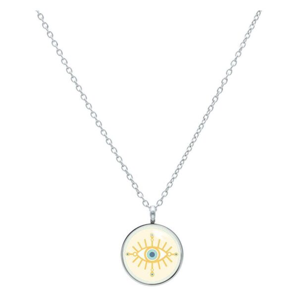 Cadena con colgante redondo, ojo dorado, cadena plateada, fondo blanco
