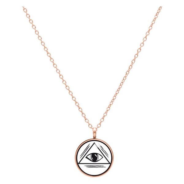 Collar de oro rosa con colgante redondo y diseño de ojo sobre fondo blanco