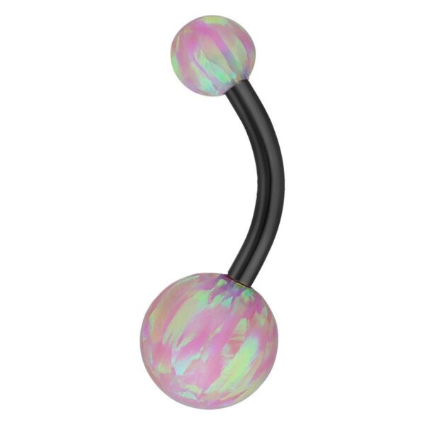 Banana bell de titanio negro con bolas de ópalo sintético rosa sobre fondo blanco