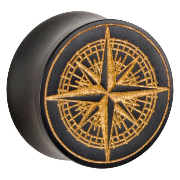 Plug de madera negra con motivo de brújula dorada sobre fondo blanco