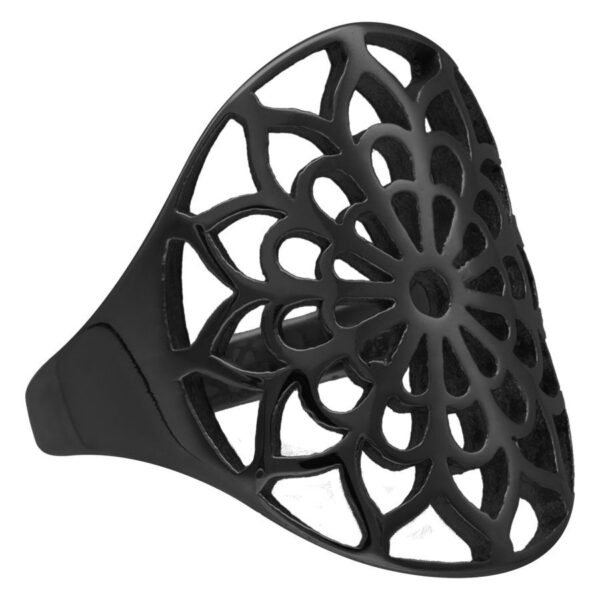 Anillo boho negro con diseño floral de acero quirúrgico, tamaño 17 mm