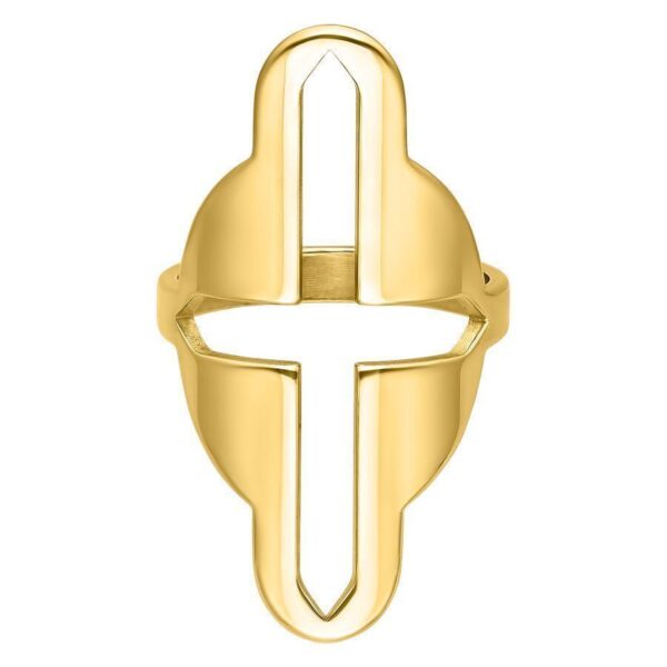 Anillo de dedo dorado con gran corte cruzado, tamaño 17 mm, sobre fondo blanco