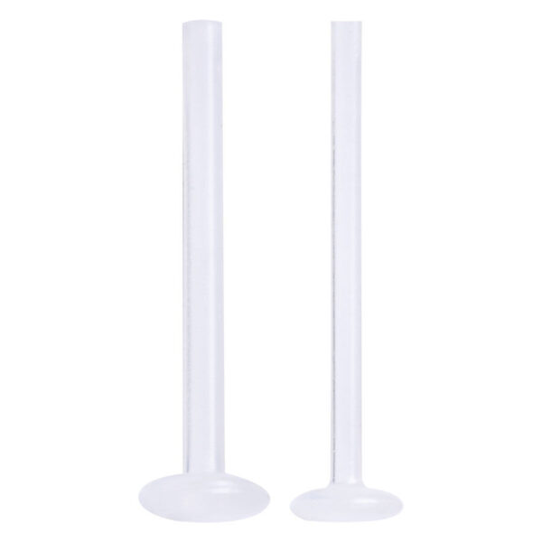Dos barras de labret transparentes de PTFE sobre fondo blanco