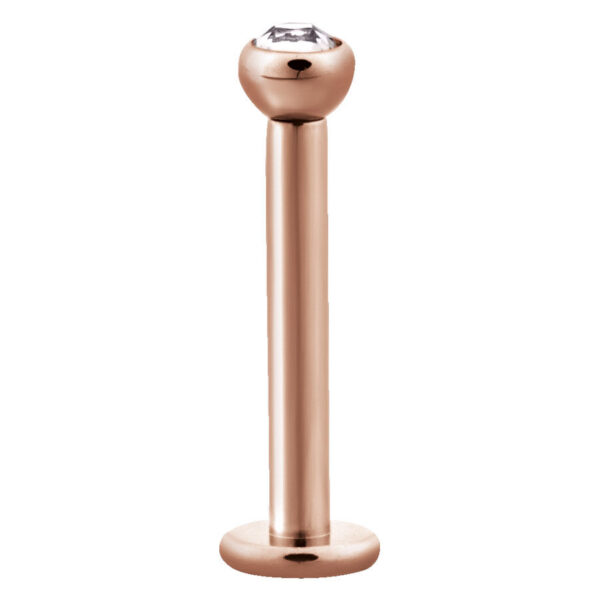 Labret de oro rosa de acero quirúrgico con cristal claro sobre fondo blanco