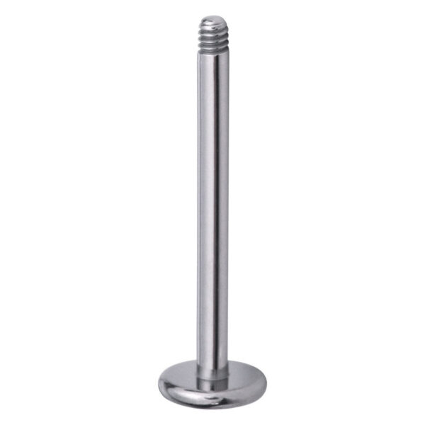Labret de titanio plateado con rosca externa sobre fondo blanco
