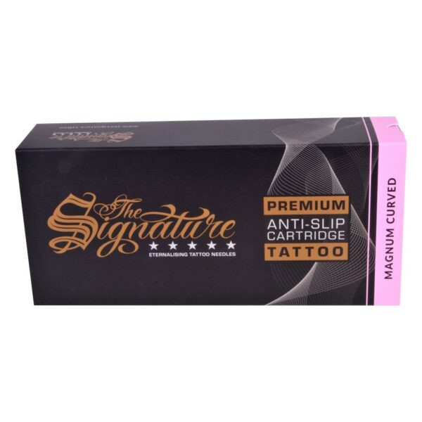 Empaque negro de Magnum Curved Cartridges con letras doradas y franja rosa