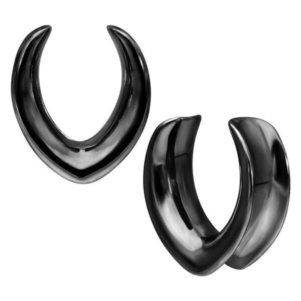 Ear Saddles ovalados negros de acero quirúrgico, 30 mm, sobre fondo blanco