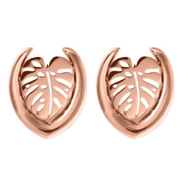 Ear Saddles en forma de Monstera en rosado dorado, tamaño 30,0 mm sobre fondo blanco