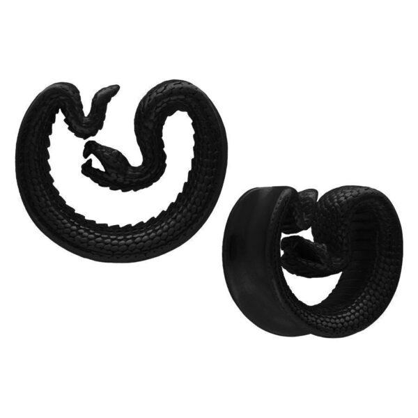 Ear Saddles Snake negras de metal, tamaño 30mm, sobre fondo blanco