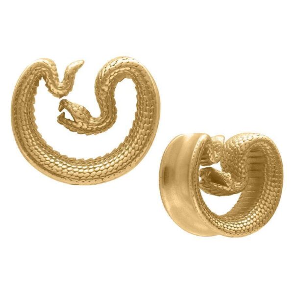 Ear Saddles doradas en forma de serpiente, 30 mm, sobre fondo blanco