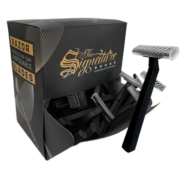 Rasurador desechable negro de acero quirúrgico con tapa protectora, en caja