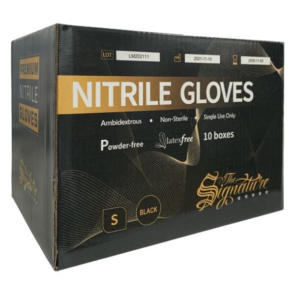 Caja con 10 cajas de guantes de nitrilo negros, The Signature Collection