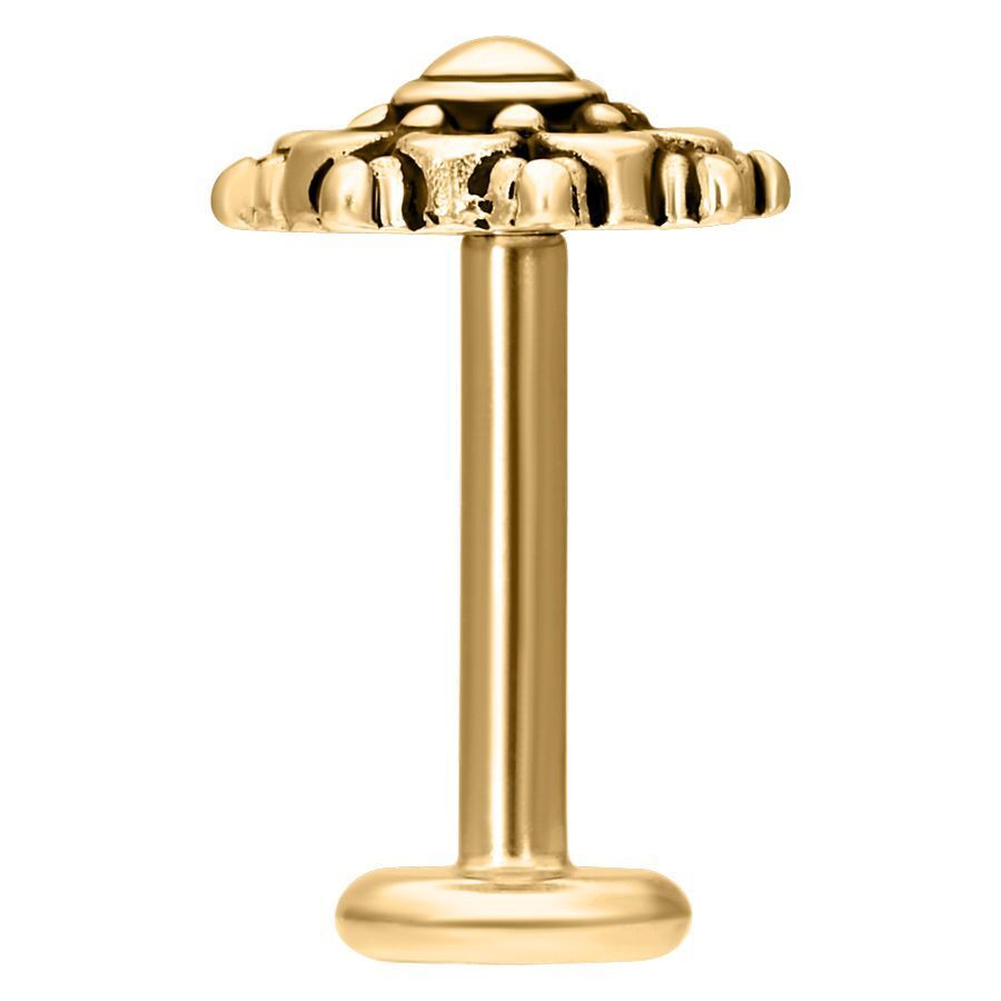 Labret con Mandala Dorado con rosca interna sobre fondo blanco