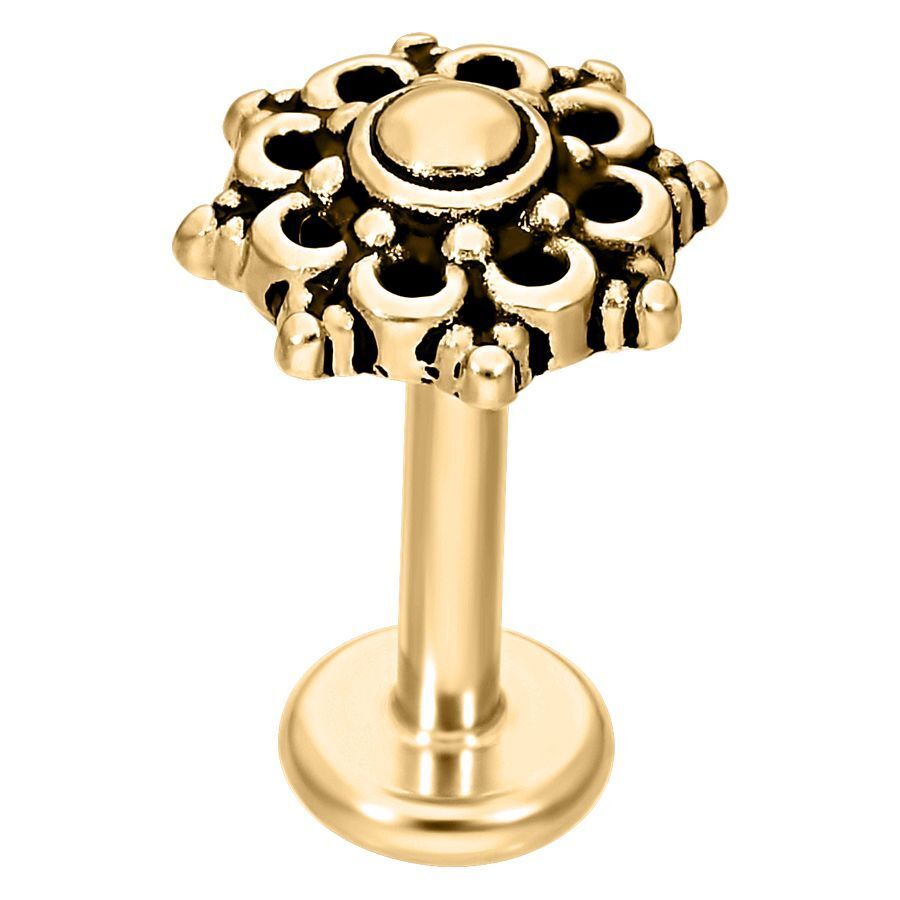 Labret dorado con diseño de mandala, de acero quirúrgico, sobre fondo blanco