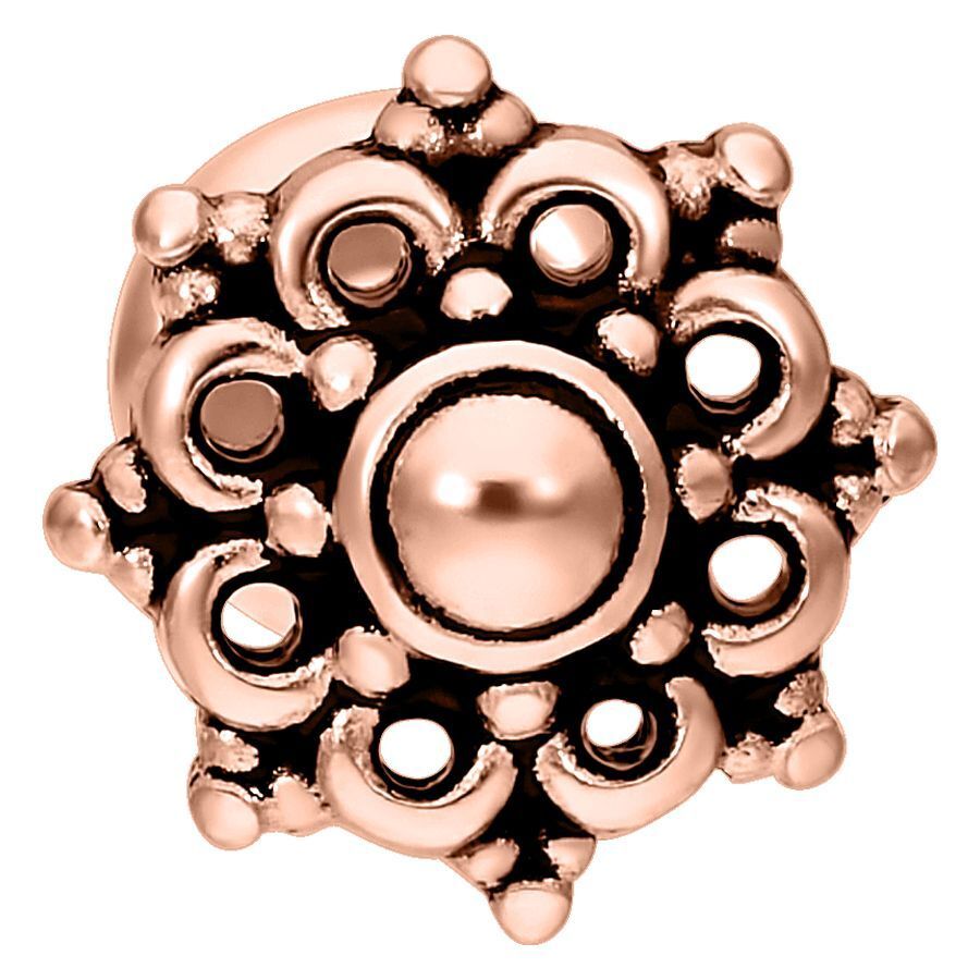 Piercing Labret Mandala en oro rosa sobre fondo blanco