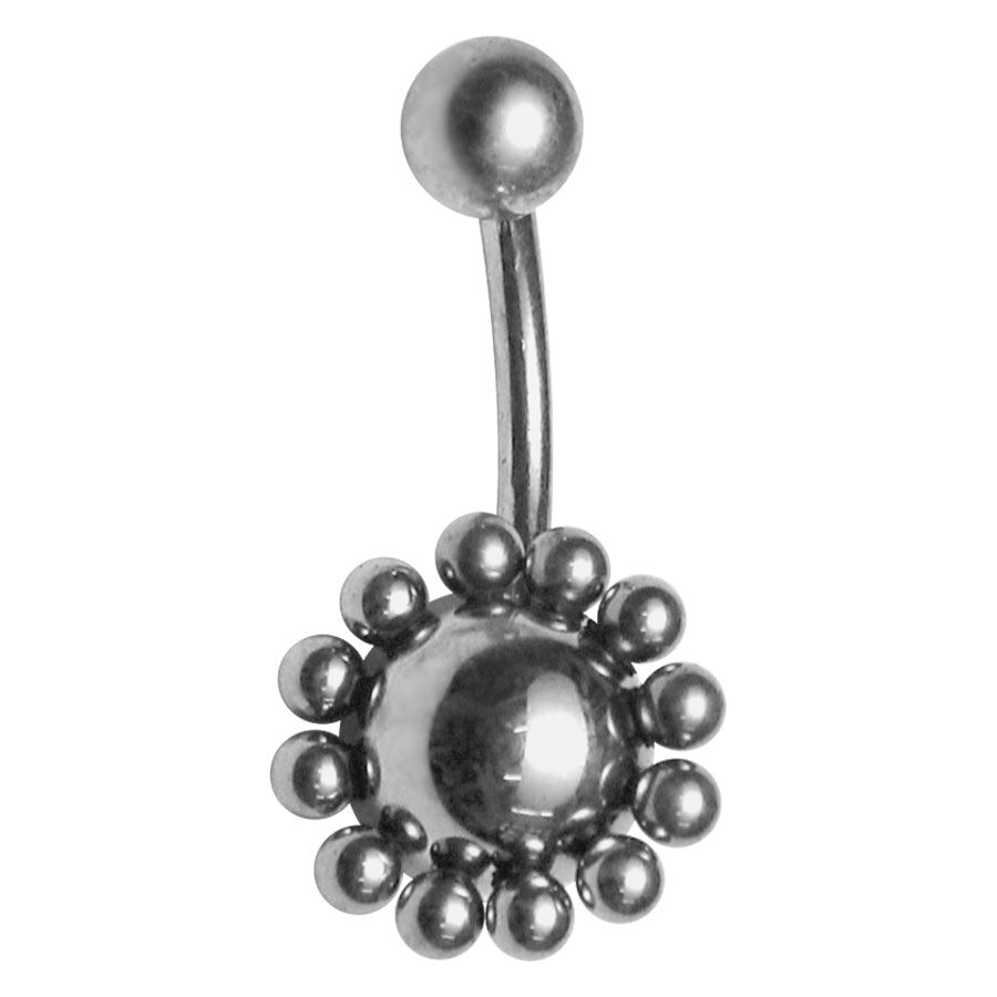 Piercing de ombligo plateado con adornos esféricos sobre fondo blanco