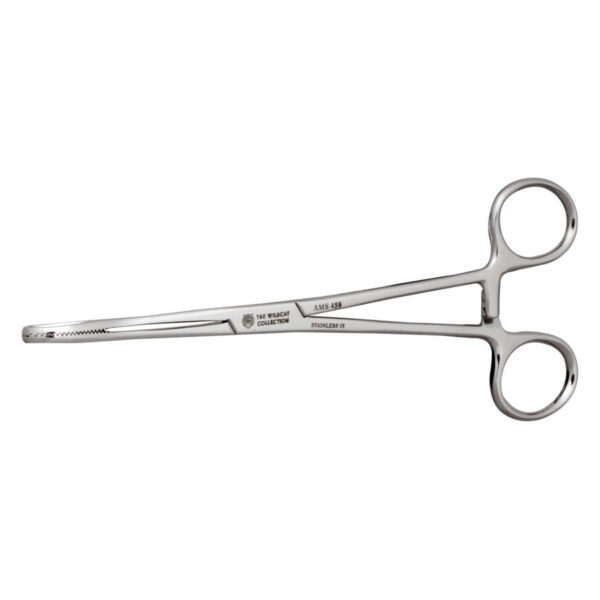 Pinza de piercing de acero inoxidable plateada sobre fondo blanco