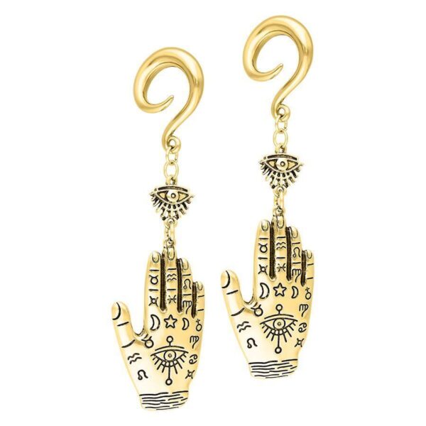 Dos pesas para orejas de mano Hamsa doradas de metal, 10,0 mm, sobre fondo blanco