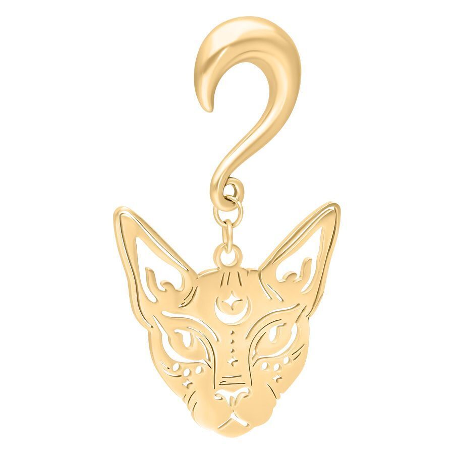 Peso para oreja dorado en forma de Sphynx, de acero quirúrgico 316L, sobre fondo blanco