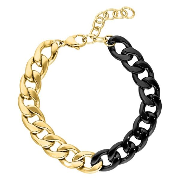 Pulsera bicolor de acero quirúrgico dorado y negro sobre fondo blanco