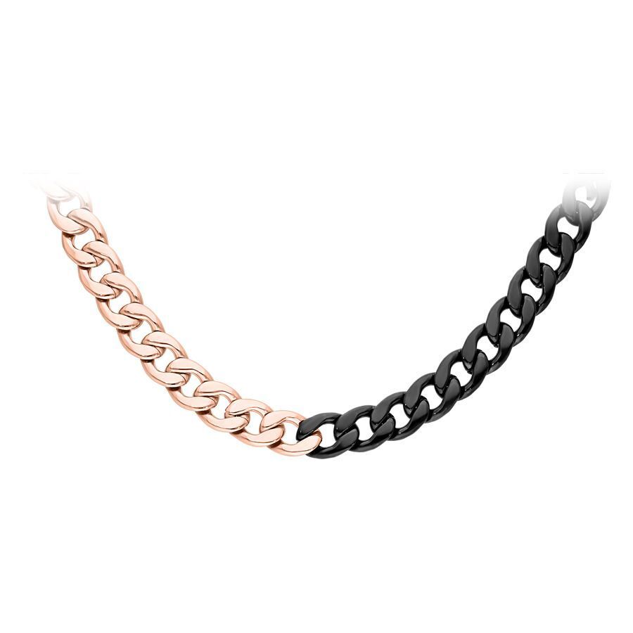 Chunky cadena de acero quirúrgico en oro rosa y negro sobre fondo blanco